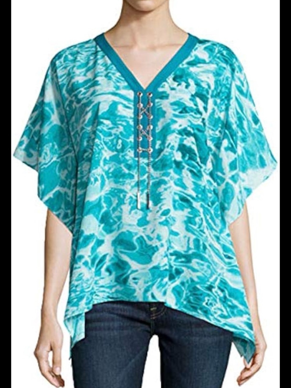 Michael Kors Turquoise Water-Print V-Neck Poncho  Sz M.  my